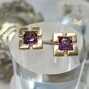 Circa 1950's PANETTA 18kt Gold Plated Square & Glass Amethyst Clip Earrings!